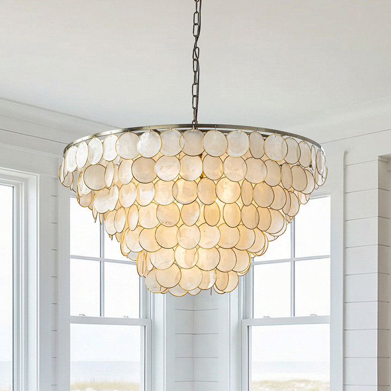 Siegle 6-Light Aged Bronze Natural Capiz Shell Tiered Chandelier, 16.5" H x 29.5" W x 29.5" D