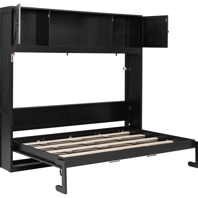 Lit double noir avec 3 armoires de rangement pour couvertures et chaussettes, fabrication en bois de pin fiable, petits espaces pliants noirs, portes d'intimité, rustique et rustique