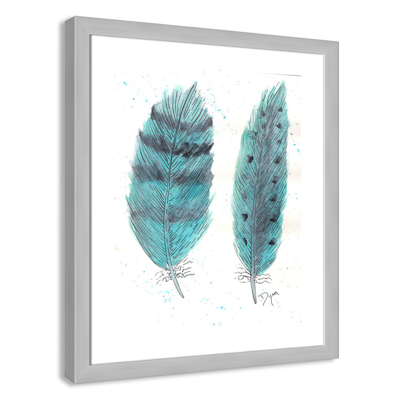 «Feathers in Turquoise II», art encadré, H 26,5 po x l 22,5 po x P 0,6 po, Cadre argenté