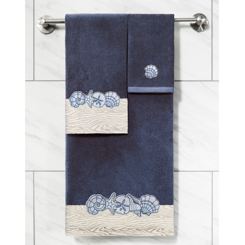 SHELL ROW 2PC Embellished Hand Towel Set 100% Turkish Cotton Hand Towel, Marine