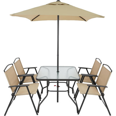 6-Piece Patio Dining Set with Umbrella, Steel Frame Glass Top Table, Tan | Rust-Resistant, Weatherproof, Tempered Tabletop