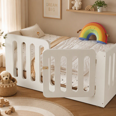 Full Size Floor Bed with High Fence, Solid Wood Kids Montessori Bed with Door, low-profile Design, No Box Spring Needed
