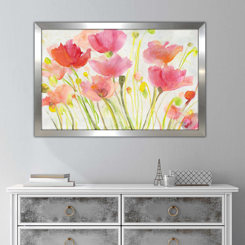 Coquelicots fluorescents - Peinture, Encadrement argenté, H 27,5 po x l 39,5 po x P 0,75 po