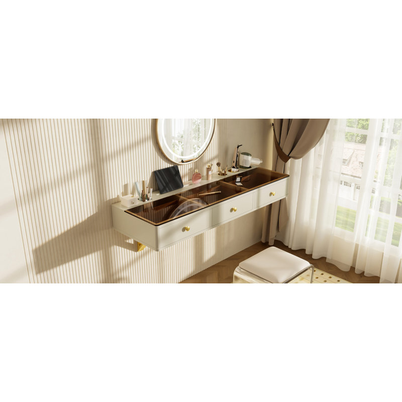 Tablette flottante 47 po avec tiroir, coiffeuse murale polyvalente, bureau, table flottante pour chambre à coucher, salle de bain, coiffeurs, beige et doré