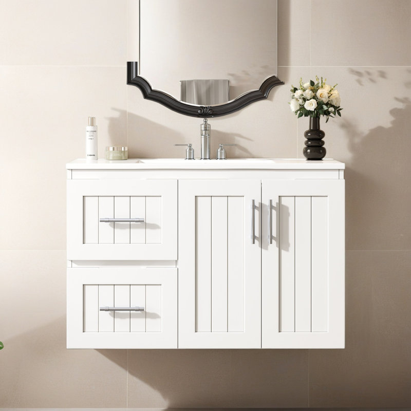 Meuble-lavabo mural 36 po, 2 tiroirs, lavabo simple en céramique 3 trous, Blanc