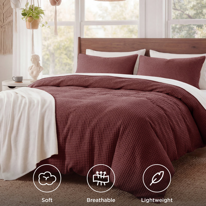 Essential Collection 100% Cotton Waffle Weave Duvet Cover Set, Queen Duvet Cover + 2 Standard Shams, Madder Brown