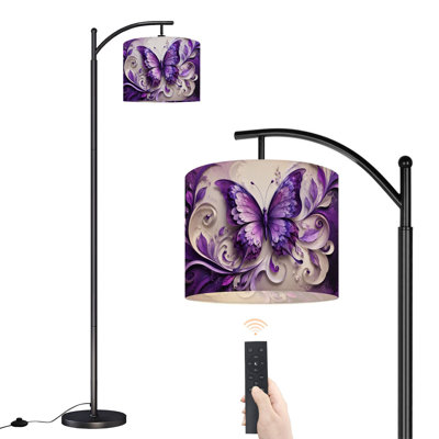  Lampe sur pied arc mauve papillon ornemental complexe tourbillons floraux dégradé haut moderne lampe sur pied DEL réglable en lin abat-jour 3 températures de couleur