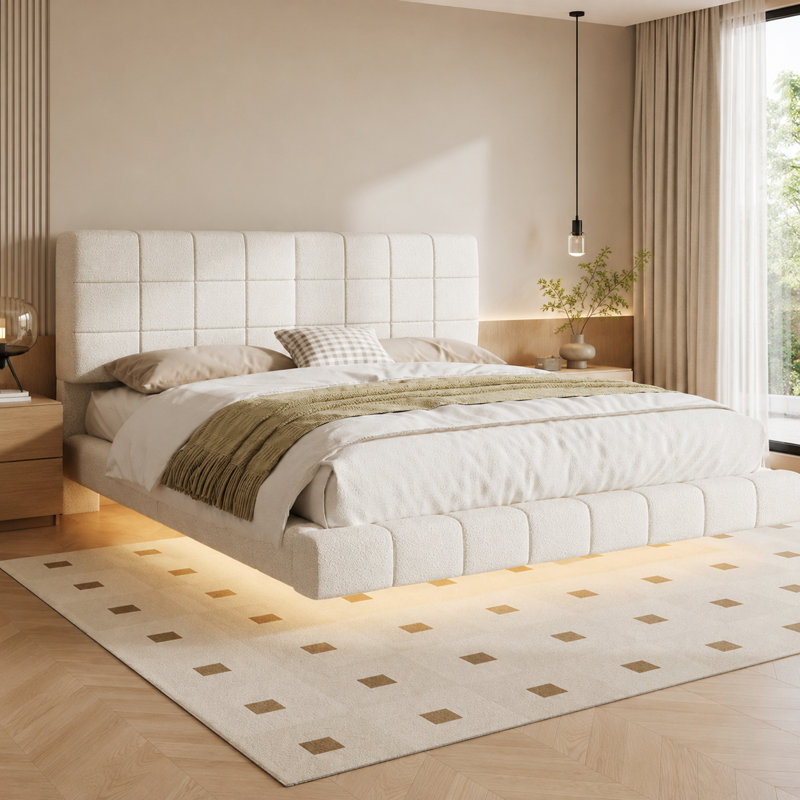 Très grand lit flottant moderne avec lumière DEL intégrée, cadre de lit plateforme tapissier, conception à profil bas, blanc
