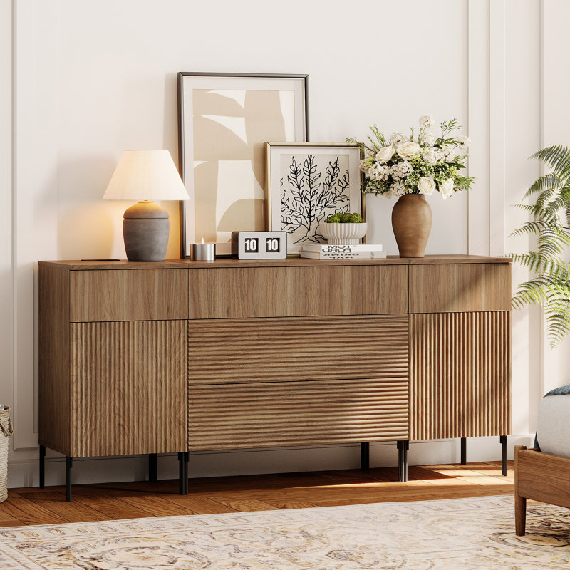 Aadham 63" Reeded Baby Dresser With 5 Drawers, Wooden Kids Dressers With Charging Station, Modern Dressers For Bedroom, Nursery, Hallway