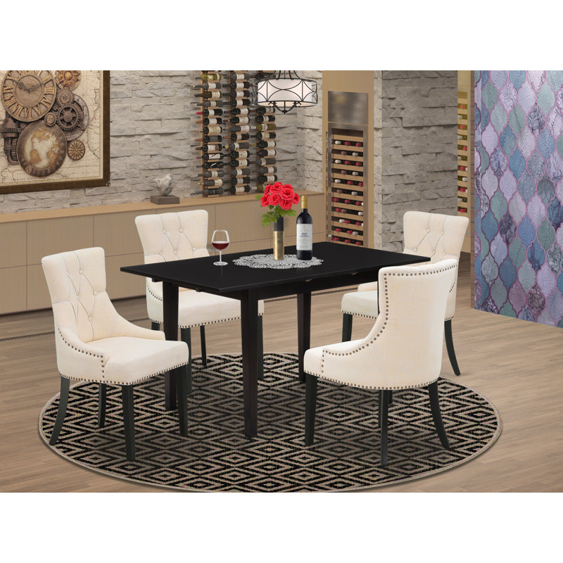  Rectangular Solid Wood Top with Butterfly Leaf Dining Table Set, Beige/Black, Black, 5 Pieces: 1 Table, 4 Chairs