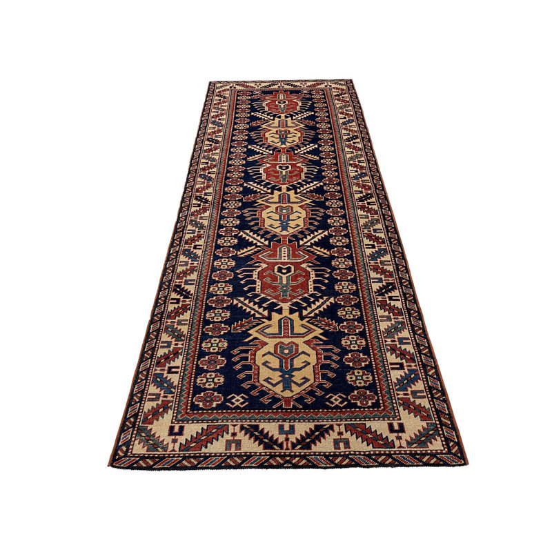 Tapis unique bleu marine / ivoire en laine 3 pi 5 po x 9 pi 2 po Tribal