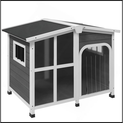 Niche pour chien en bois de style chalet pour l'extérieur avec toit ouvrant et fenêtre géante, grande niche pour l'extérieur et l'intérieur, toit en asphalte, gris