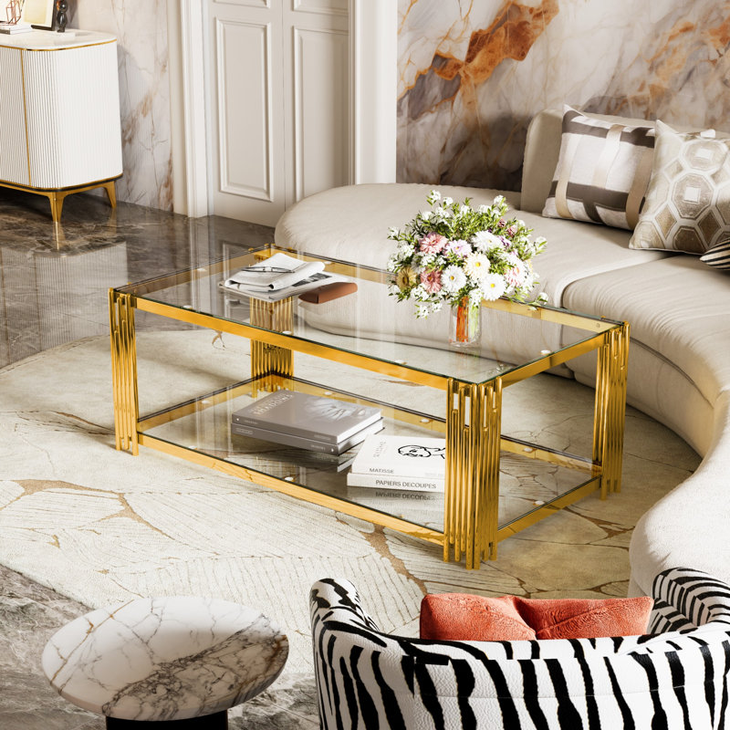 Table basse moderne, table rectangulaire avec tablette inférieure, Transparent