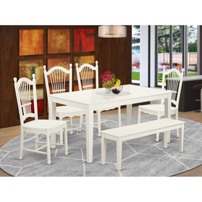 6-Piece Rectangle Linen White Finish Solid Wood Top Dining Table with 1 Bench, 4 Chairs with Lattice Back