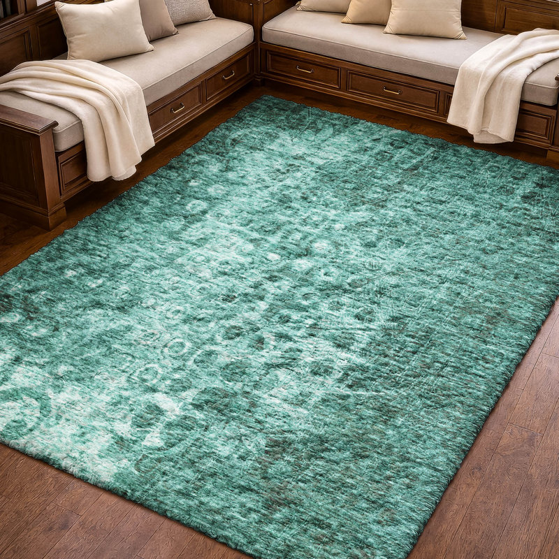 Tapis Ikat ADS577 de qualité supérieure lavable à la machine, Teal, 10 pi x 14 pi