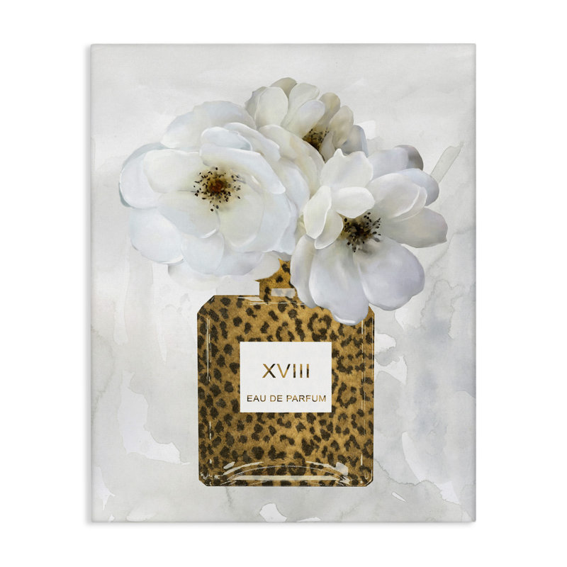 Bouteille de parfum à imprimé léopard «Glam White Spring Florals» par Carol Robinson, H 20 po x l 16 po