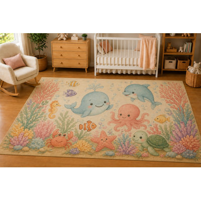 "Ultra Thin" 5' x 7'Baby Ocean Friends Coral Reef Area Rug for Nursery, Soft Low Pile Indoor Rug with Non-Slip Silicone Backing, Kids Room, Playroom, Kids & Pets, Aqua Pastel