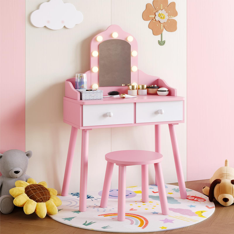 Coiffeuse pour enfants, tabouret et 2 tiroirs, coiffeuse pour tout-petits, ensemble 3 couleurs Mirro éclairé, rose, Pink