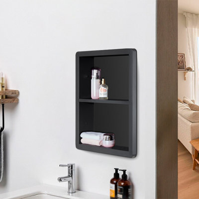 Niche de douche 14 x 18, armoire à pharmacie encastrée sans miroir, armoire de rangement pour salle de bain en acier inoxydable 304 avec tablette, niche murale imperméable pour salle de bain en noir mat