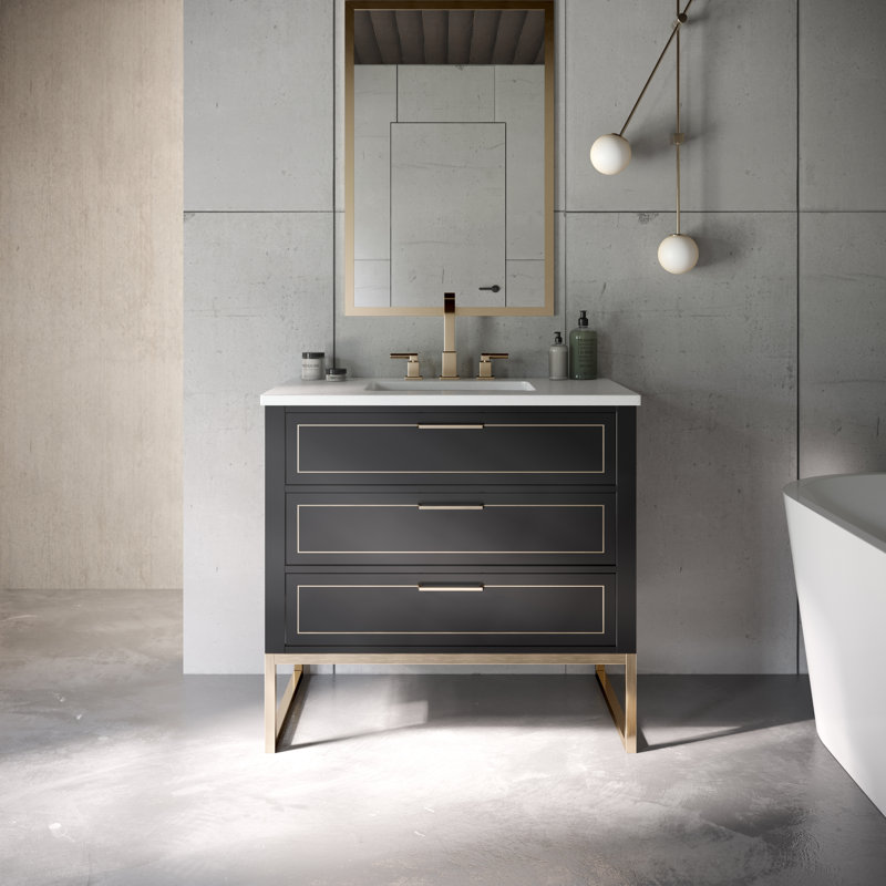 Ensemble de meuble-lavabo simple 36 po Markham, Nuit noire, Quartz blanc, Laiton satiné