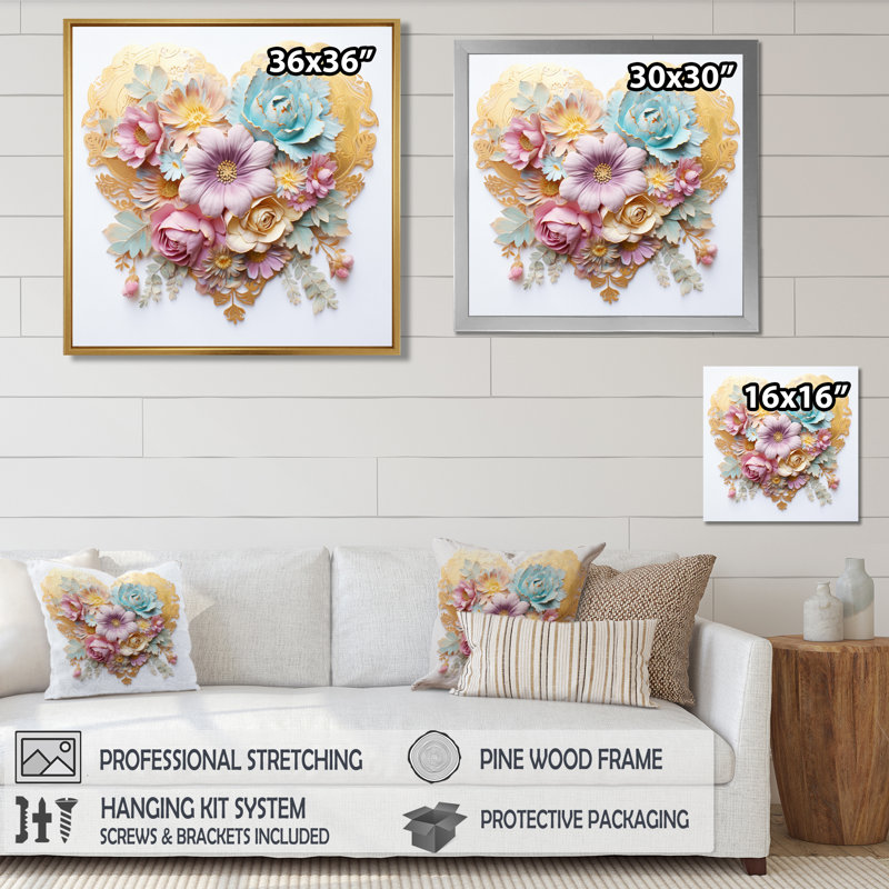 Fleur mauve pastel doré cœur romantique - impression abstraite murale, salon, Toile avec cadre flottant noir