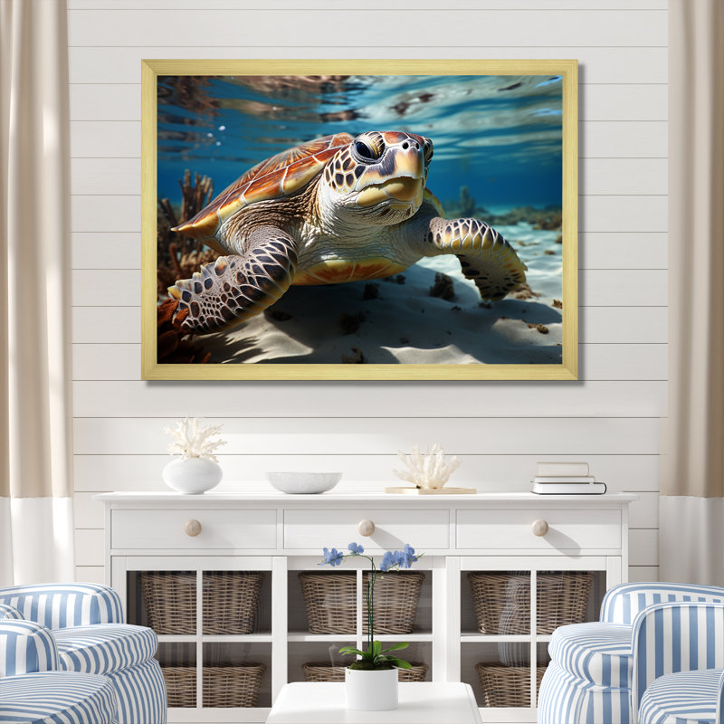 Minimalist Lagoon Turtle sur toile, H 12 po x l 20 po x P 1 po, Cadre doré simple