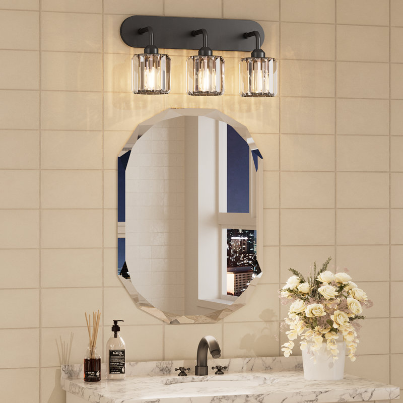Éclairage de meuble-lavabo à intensité variable avec abat-jour en cristal, Noir mat, Trois lumières