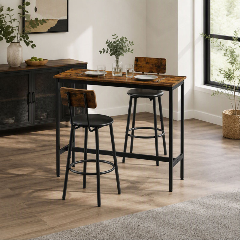 Ensemble de table de bar 3 pièces avec 2 tabourets de bar rembourrés en PU avec dossier, 110 cm L x 40 cm l x 90 cm H