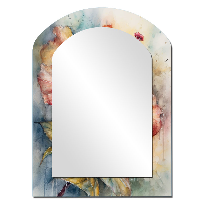 Orange Grey Hibiscus Euphoria II - Hibiscus Asymmetrical Mirror, Orange Arch Decorative Wall Mirror, Printed Metal Art