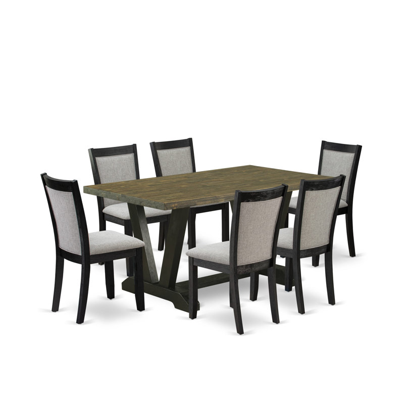 7 Piece Dinette Set - A Distressed Jacobean Top Wood Table with Trestle Base and 6 Shitake Linen Fabric Kitchen Chairs - Wire Brushed Black Finish