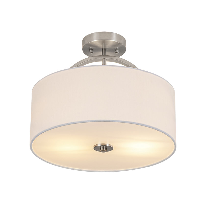 Transitional 2-Light Fabric Drum Shade Semi Flush Ceiling Light , Nickel