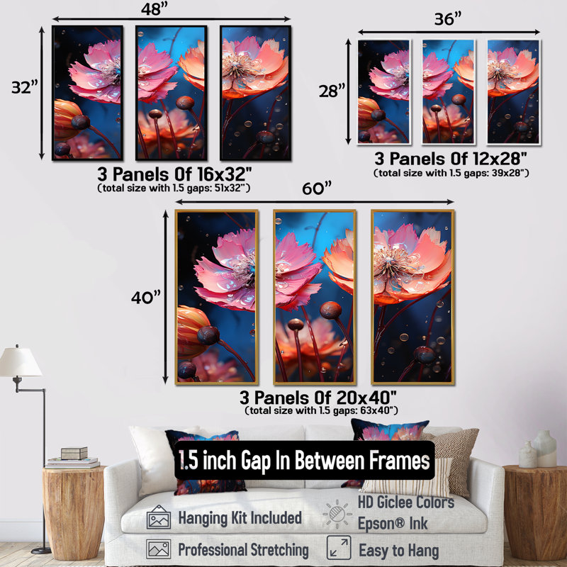 Ensemble d'art mural sur toile Neon Flourish, Cadre flottant doré, H 40 po x l 60 po x P 1 po