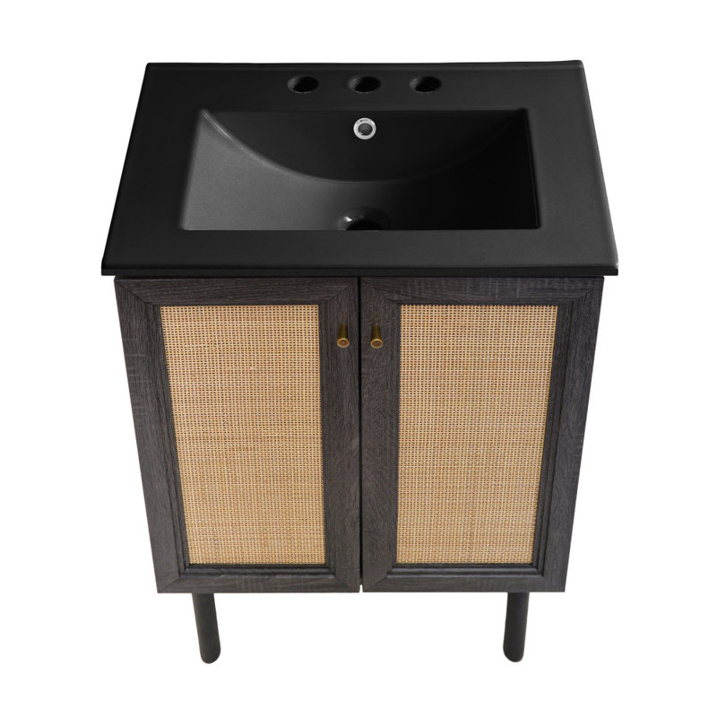 Classe 24" Freestanding Bathroom Vanity in Black Oak with Black 3-Hole Centerset Sink Top, Black, Black