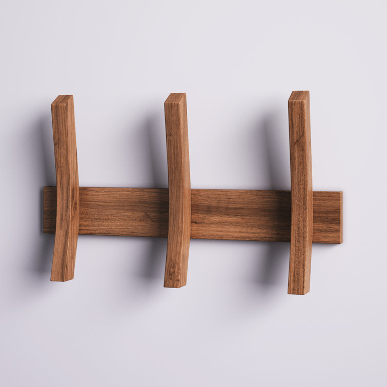 Pilaster Design Modern Rectangular Aldis Oak Wood & Brass Wall Mounted  Cloth Rack with 4 Flip Hooks