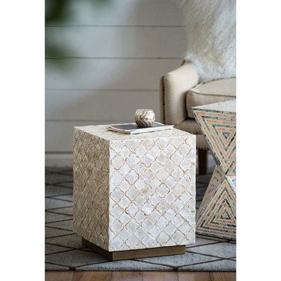 Tabouret carré 14 po x 14 po x 18 po, crème, motif, base en laiton, convient aux espaces intérieurs