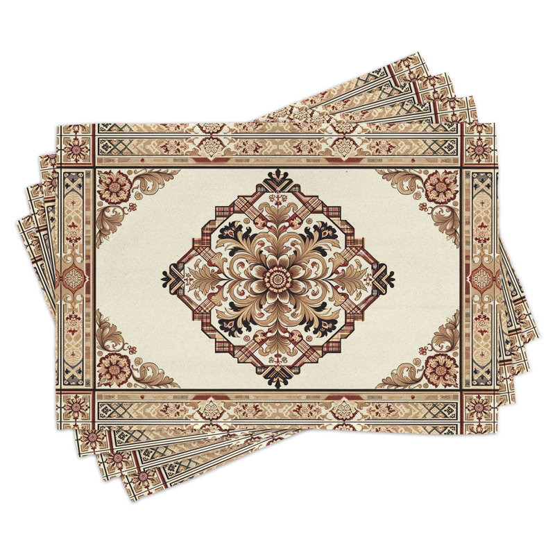 Sand Brown Caramel Ivory Floral Table Runner and Placemats Set