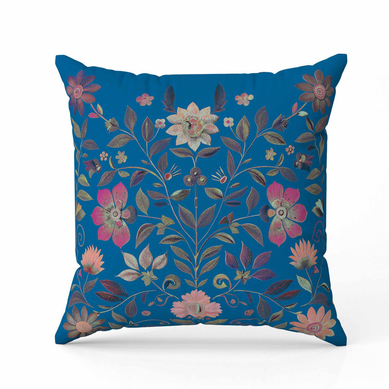 Oreiller symétrique en simili suède Flora, Bleu / Rose, Carré 16 po