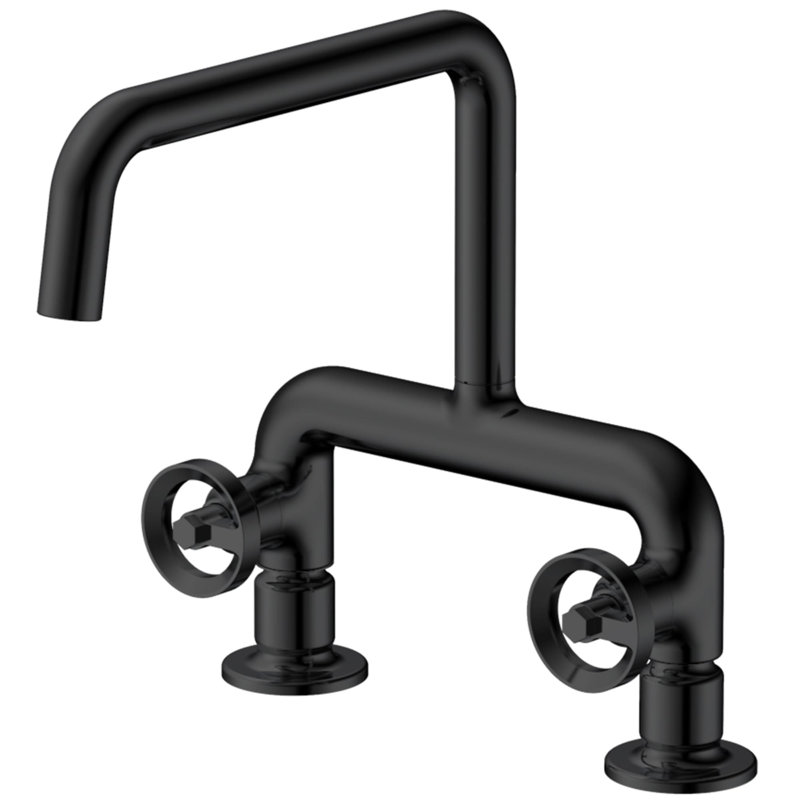 2 Hole Bridge Kitchen Faucet Double Handle Kitchen Sink Faucets Brass Kitchen Basin Taps, Matte Black