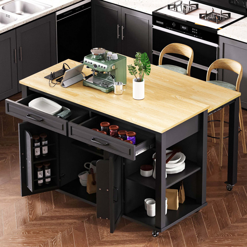47 Inch Black Kitchen Island With Extendable Dining Table, Rubber Wood Veneer Table With Internal Storage Rack & Power Outlet, 2 Drawers & 2 Storage Cabinets
