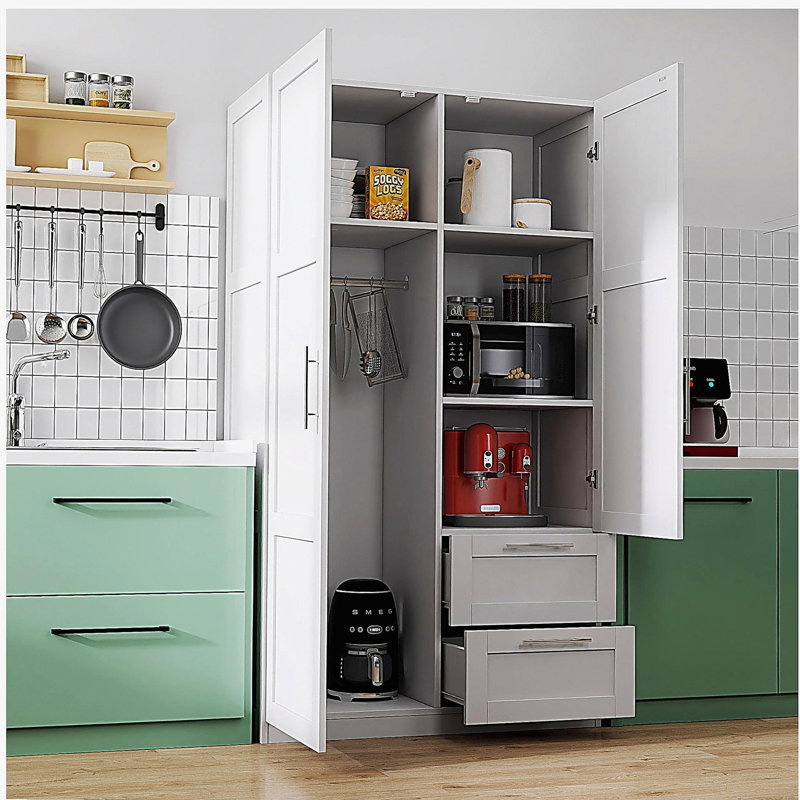 Armoire haute et armoire de cuisine avec 2 portes, 2 tiroirs et 5 espaces de rangement, blanc