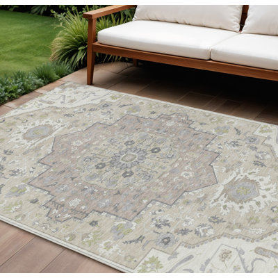 Tapis intérieur / extérieur oriental lavable beige et gris ivoire 10 pi x 14 pi
