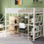 Lit mezzanine blanc avec bureau intégré, rangement et escalier à tablettes en métal
