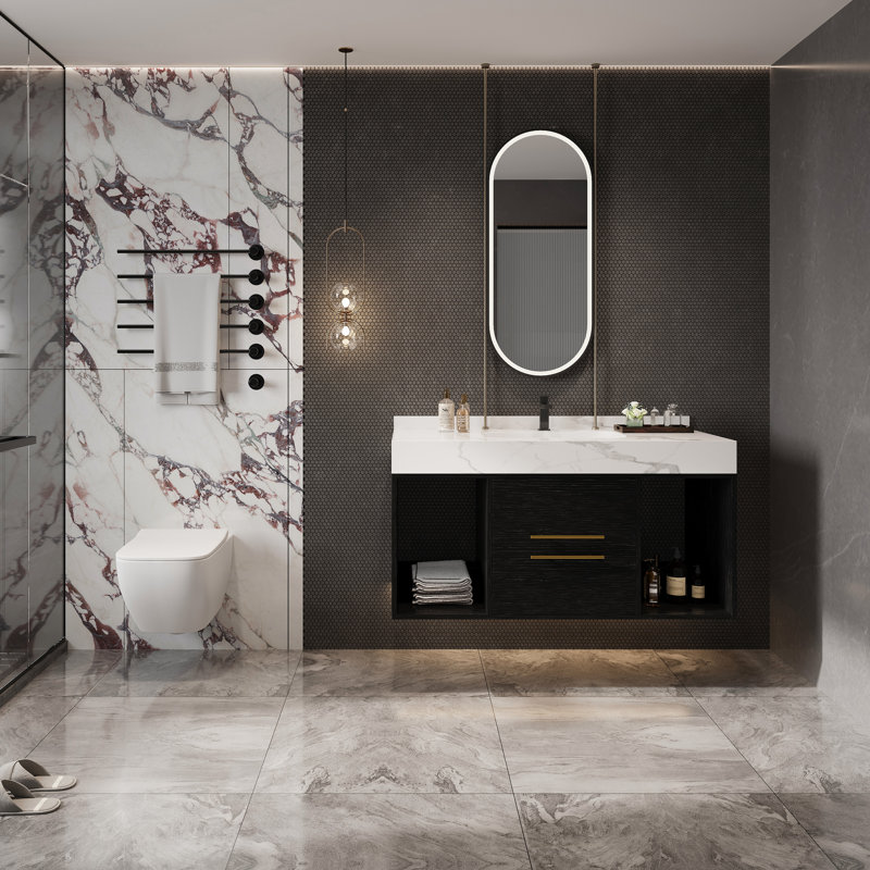 Meuble-lavabo mural 39,4 "avec lavabo en céramique, meuble-lavabo flottant, armoire de rangement murale à 2 tiroirs