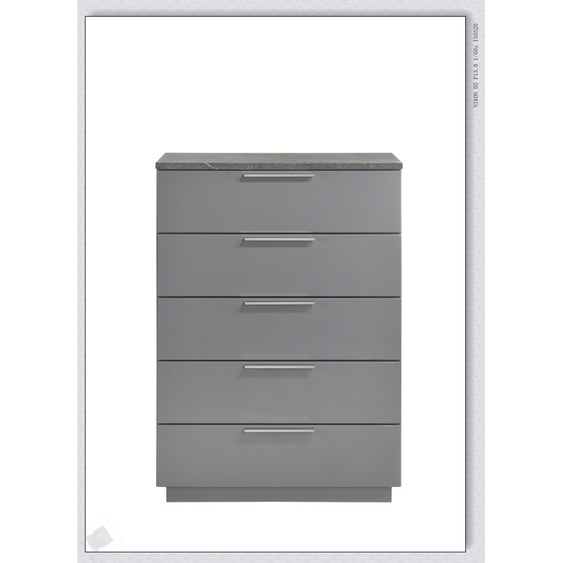 Commode ultra-brillante deux tons Elara avec tiroirs spacieux, finition en marbre et laque et pieds en métal - gris