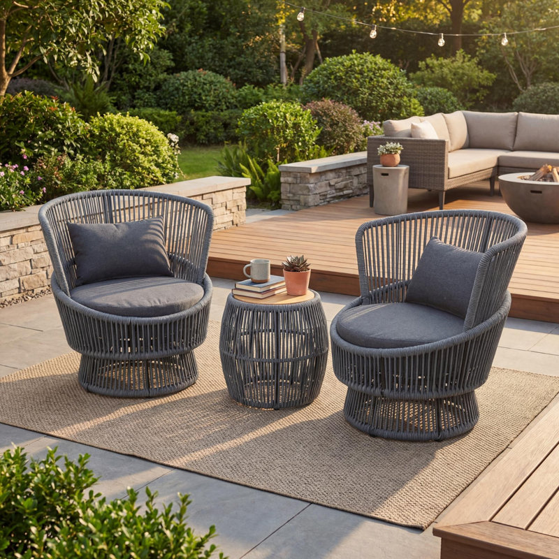 3-Piece Patio Set Outdoor Bistro Set, Rope Conversation Set With Coffee Table, Black Cushion/Black Frame