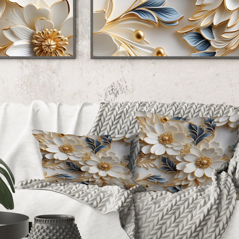 Golden White And Blue Flowers Elegance - Marble Printed Throw Pillow