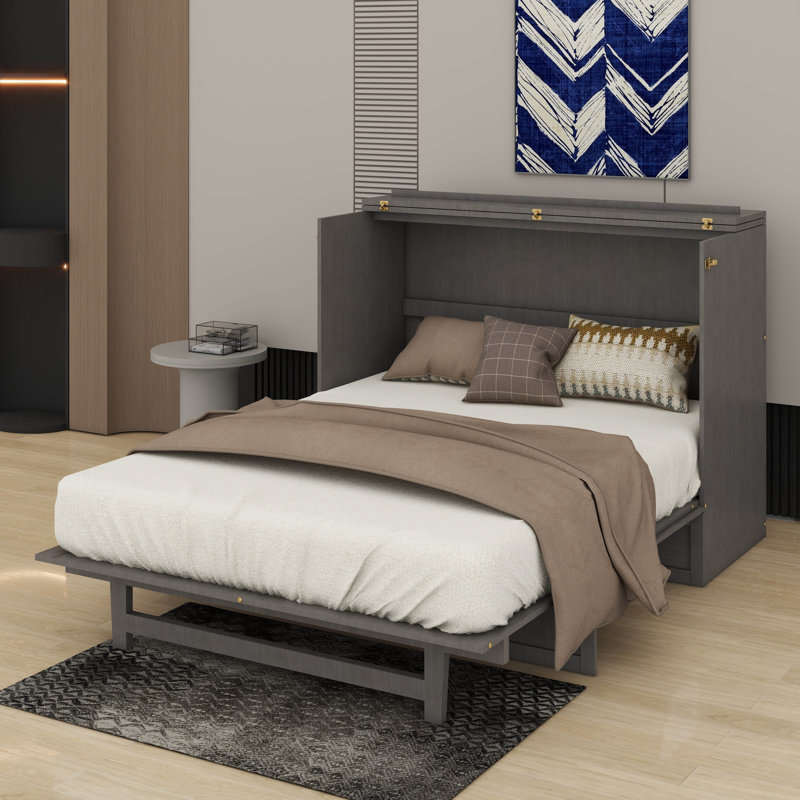 Lit escamotable double avec grand tiroir et ports USB, Gris brossé