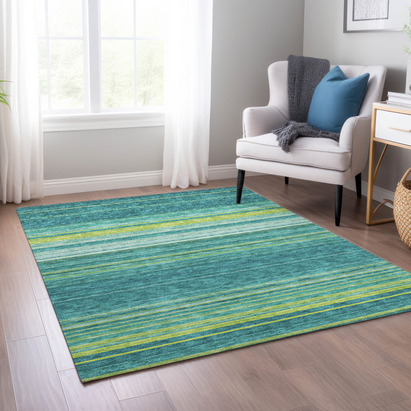 Teal Striped Machine Washable Indoor/Outdoor Rug 3' x 5'