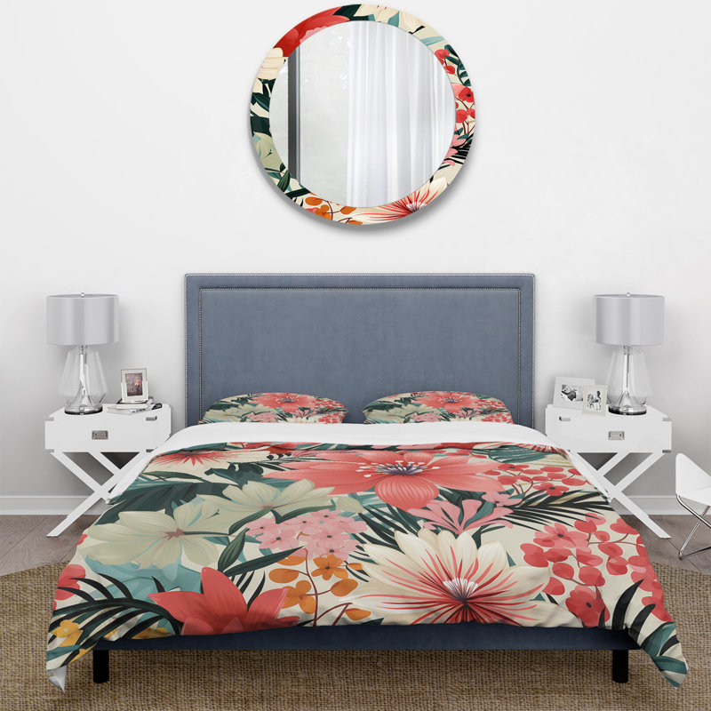 Ensemble de housse de couette rose à motif floral tropical et jungle I, Housse de couette pour très grand lit