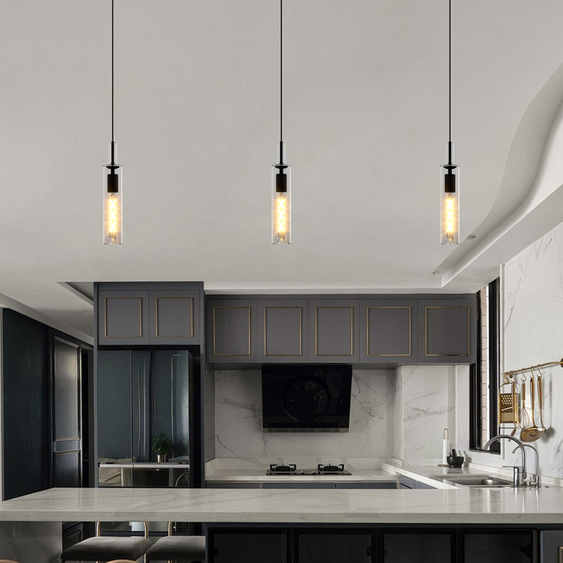  Luminaire suspendu moderne en verre à 3 lumières pour îlot de cuisine noir (ensemble de 3), Noir mat
